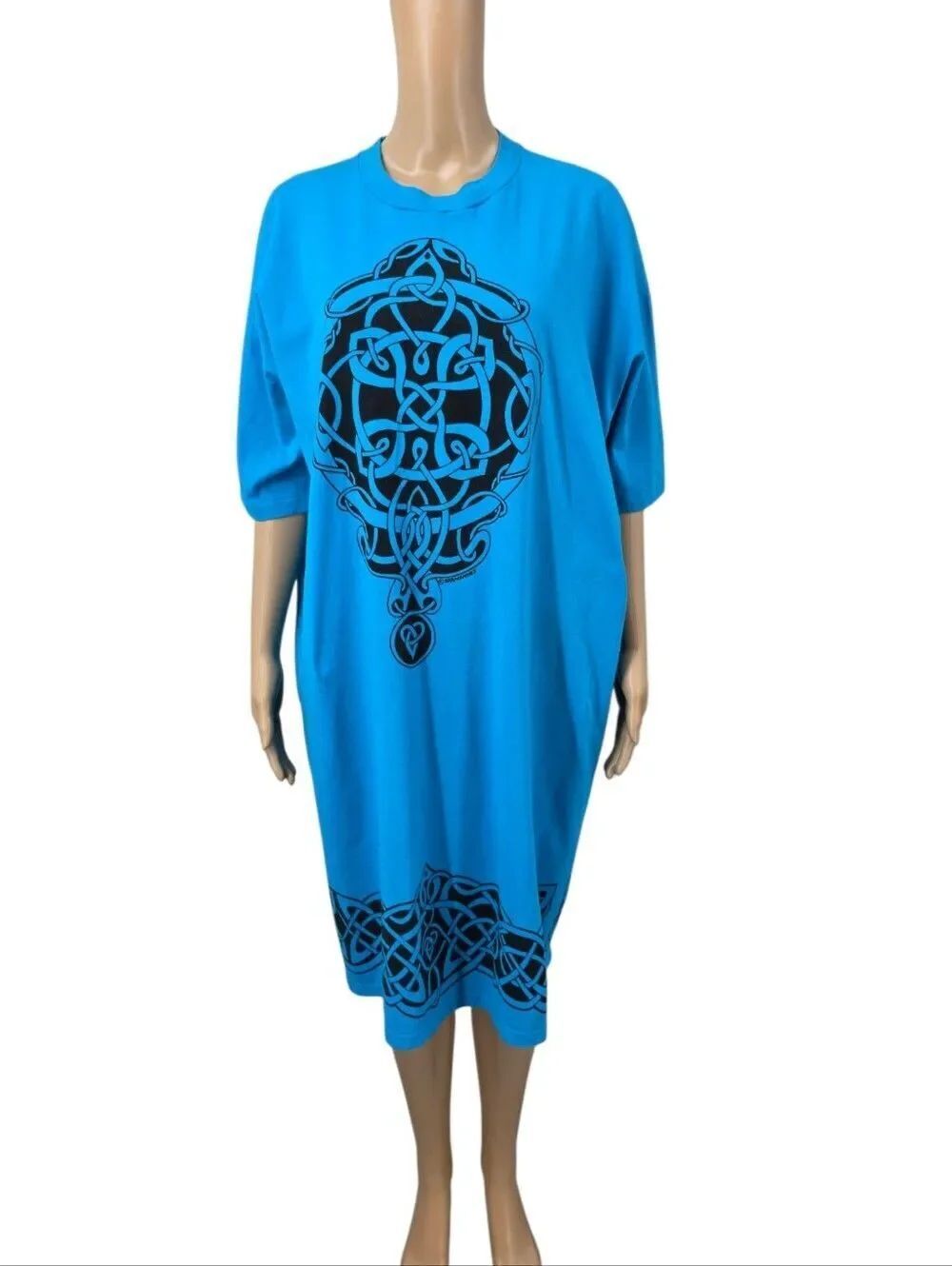Vintage Tee T-shirt Dress Cotton Bright Blue with Black Celtic Knot Graphics